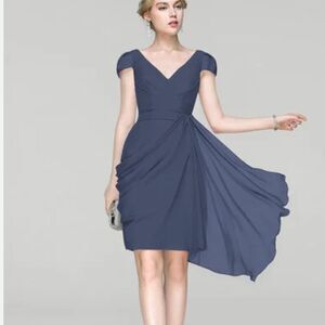 JJ’s House Navy Blue Chiffon Draped Cap Sleeve Mini Dress | 8